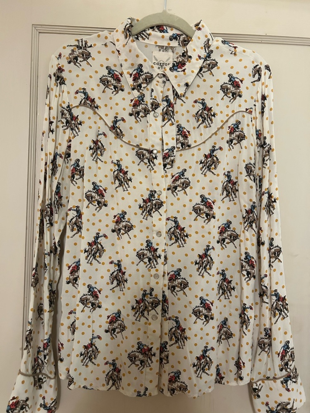 Cotton On White Western Polo-Print Button-Down Shirt with Yellow Polka Dots